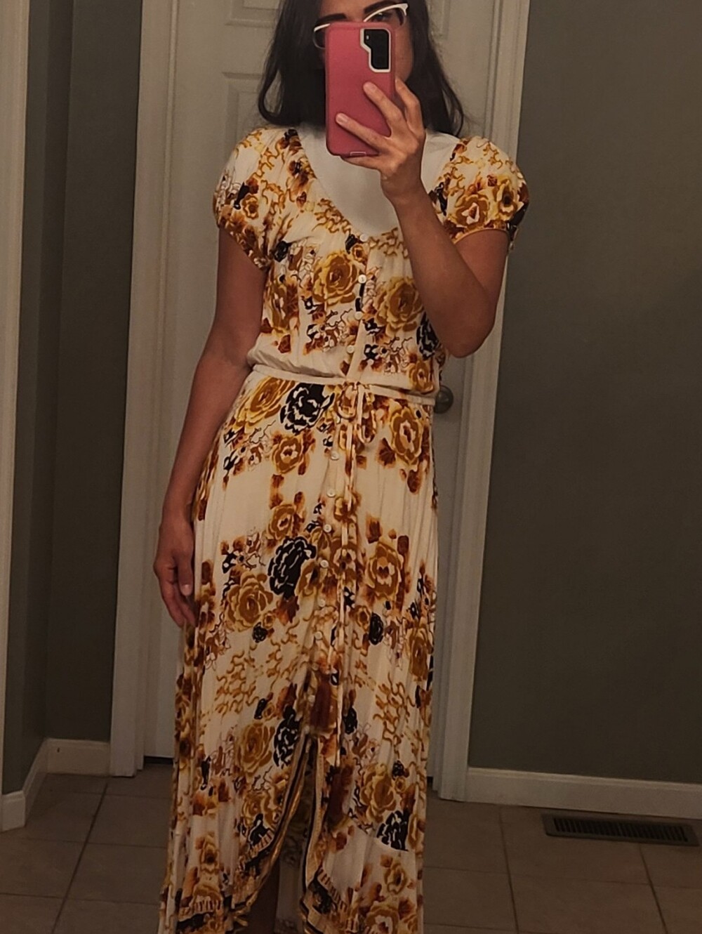 Talisman Rihannon Maxi High Low Floral Tie-Waist Dress Cream and Mustard Size M